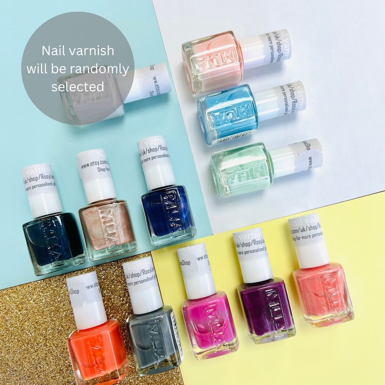 May include: Assortment of nail varnish bottles in various colors, including pink, blue, green, and orange. The bottles are arranged on a colorful background. The text "Nail varnish will be randomly selected" is in a circle.