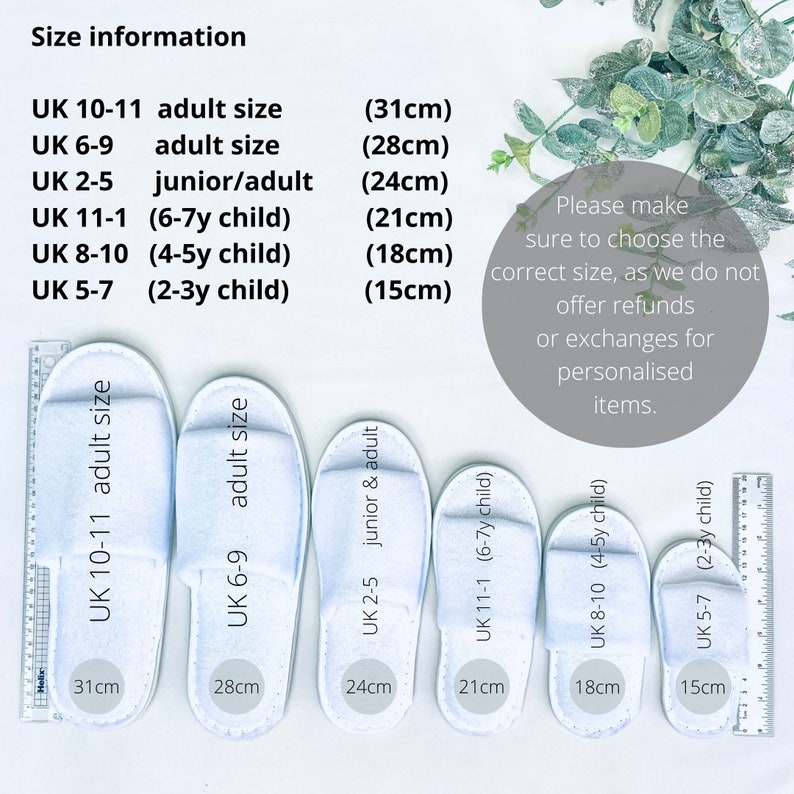 May include: White terry cloth slippers in various sizes, from child to adult, are displayed with size information in centimeters. The text on the image provides UK sizes and age ranges. A ruler is placed next to the slippers for measurement.