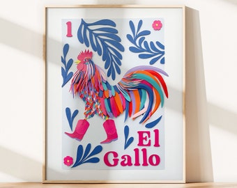 El Gallo / Loteria-inspiriert / Fotodruck von Scherenschnitt-Kunstwerken