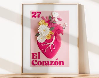 El Corazon / Loteria-Inspired / Heart With Flowers Art Print