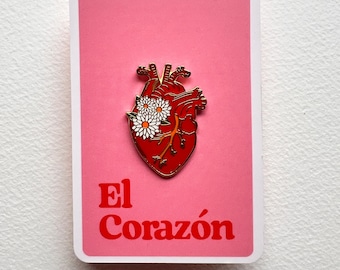 El Corazón Enamel Pin – Anatomical Heart with Flowers – Red & Gold Lotería-Inspired Pin – Latinx Gift – Cute Floral Heart Lapel Pin