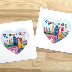 Kansas City Colorful Skyline/ Heart Shaped / Vectorized Illustration or Photo Print of Cut Paper Artwork