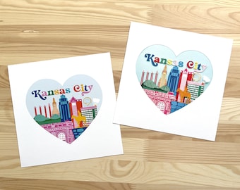 Kansas City Colorful Skyline/ Heart Shaped / Vectorized Illustration or Photo Print of Cut Paper Artwork