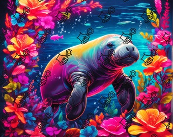 Manatee tumbler wrap, manatee png, manatee art, colorful manatee png, manatee digital download, png, tumbler wrap, manatee