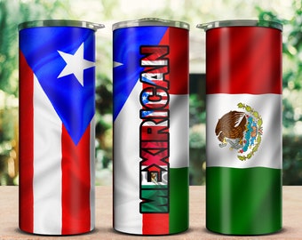 May include: Three stainless steel tumblers with different flag designs. The first tumbler features the Puerto Rican flag, the second tumbler features the Mexican flag with the word "MEXRICAN" printed on it, and the third tumbler features the Italian flag.