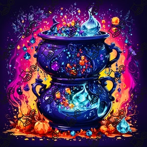 May include: A double-layered blue cauldron filled with colorful gems and a swirling blue liquid. The cauldron is surrounded by a fiery orange and purple background with more gems scattered around it.