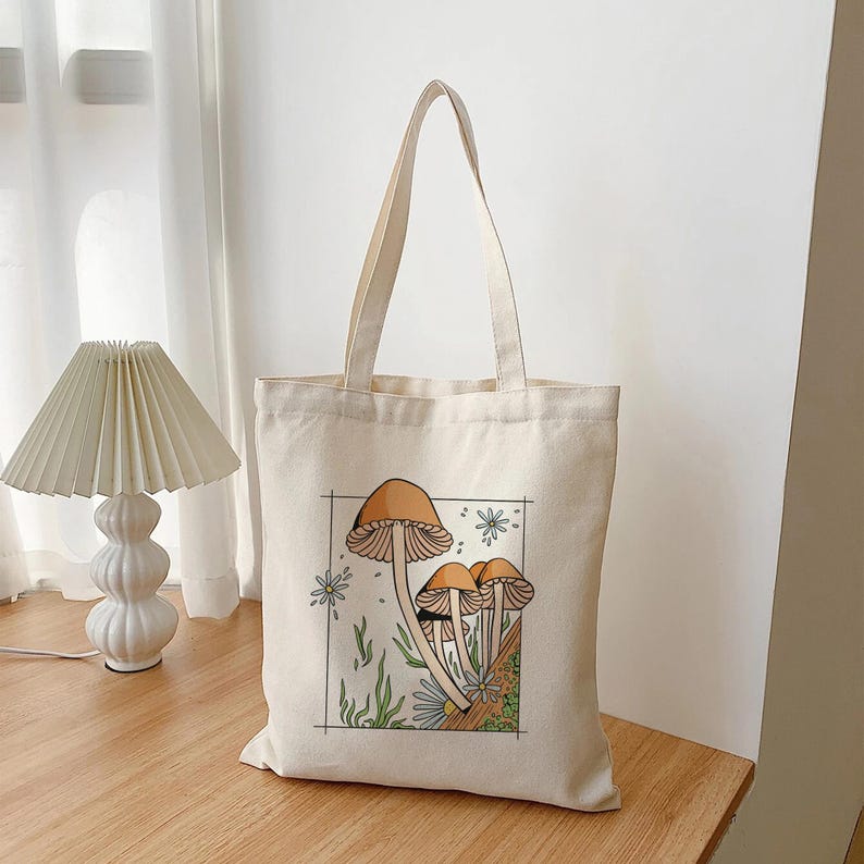 Mushroom Tote Bag: Cottagecore Bag, Bohemian Tote Bag, Floral Tote Bag, Mushroom Lovers Gift