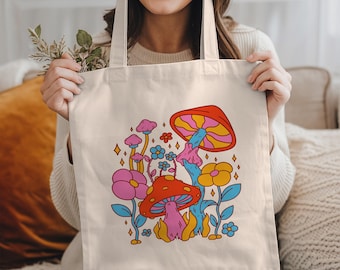 Mushroom Tote Bag: Trippy Gifts, Bohemian Tote Bag, Floral Tote Bag, Mushroom Lovers Gift, Cottagecore Bag