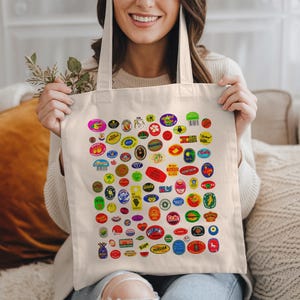 Fruit Tote Bag, Retro Tote Bag, Aesthetic Tote, Sticker Tote Bag, Canvas Tote Bag, Y2K Tote Bag, Cute Graphic Tote, Trendy Tote Bag,90s Tote