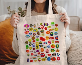 Fruit Sticker Tote Bag: Retro Gifts, Grocery Tote Bag, Fruit Tote Bag, Food Tote Bag