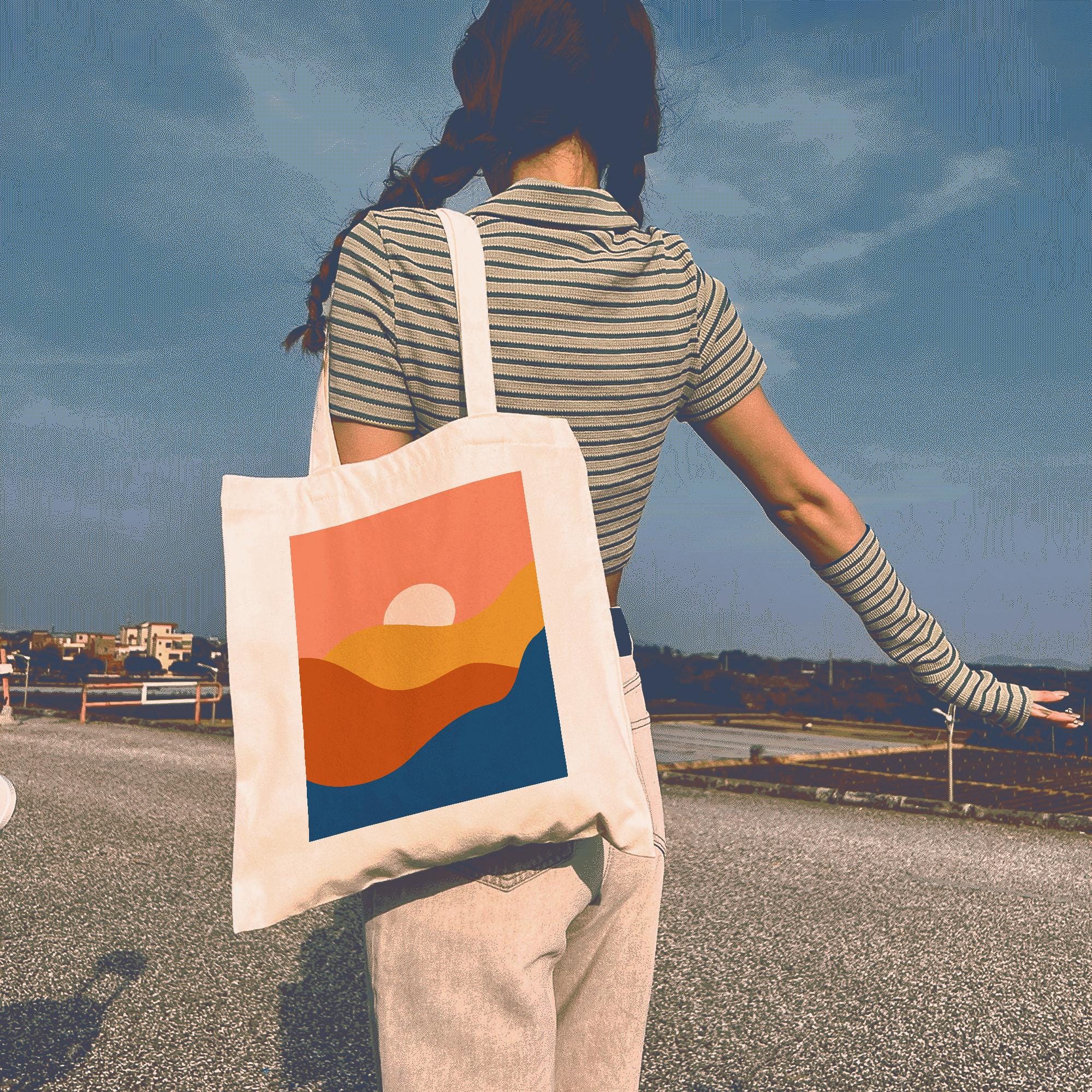 Boho Tote Bag For Women - Abstract Sun & Wave Design Canvas Shopping Bag (White) - View #3