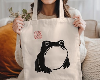Matsumoto Hoji Frog Tote Bag, Japanese Woodblock Sad Frog Aesthetic, Minimalist Canvas Shoulder Bag, Cottagecore Cute Toad Gift for Her