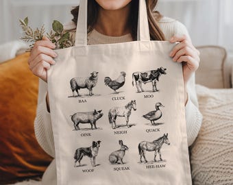 Farmers Market Tote Bag, Farm Animal Tote Bag Cow Pig Chicken, Grocery Shopping Tote Bag, Canvas Tote Bag, Gift For Her