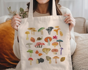 Mushroom Tote Bag: Cottagecore Bag, Bohemian Tote Bag, Floral Tote Bag, Mushroom Lovers Gift