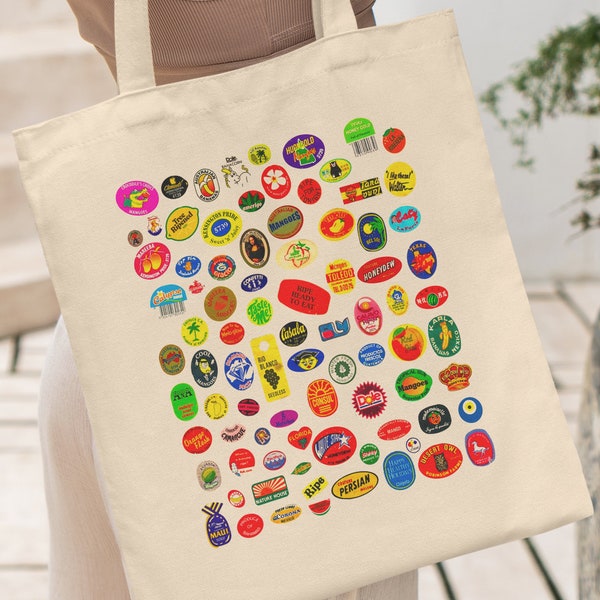 Retro Tote Bag, Fruit Stickers Tote Bag, Fruit Tote, 70's Tote Bag, Aesthetic Tote Bag, 80's Tote Bag, Vintage Tote Cute Tote Bag Canvas Bag