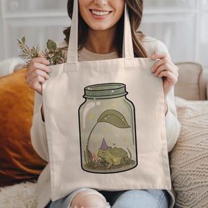 Frog Tote Bag, Frog Lover Gift, Witchy Tote, Cute Aesthetic Eco Friendly Bag, Cottagecore Funny Frog Reusable Bag, Trendy Retro Beach Bag