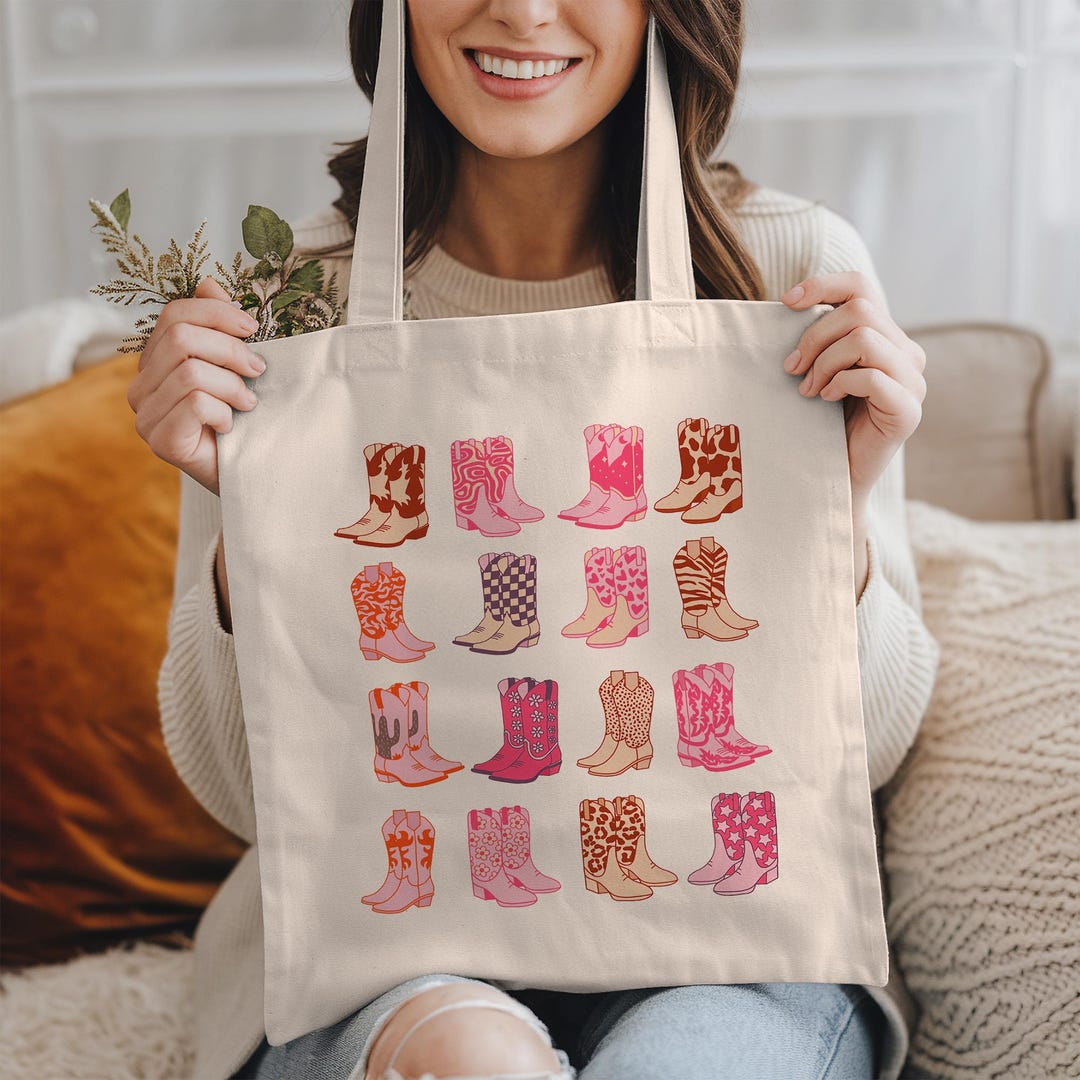 Cowgirl Tote Bag: Boots Print Western Style Cotton Canvas - Etsy