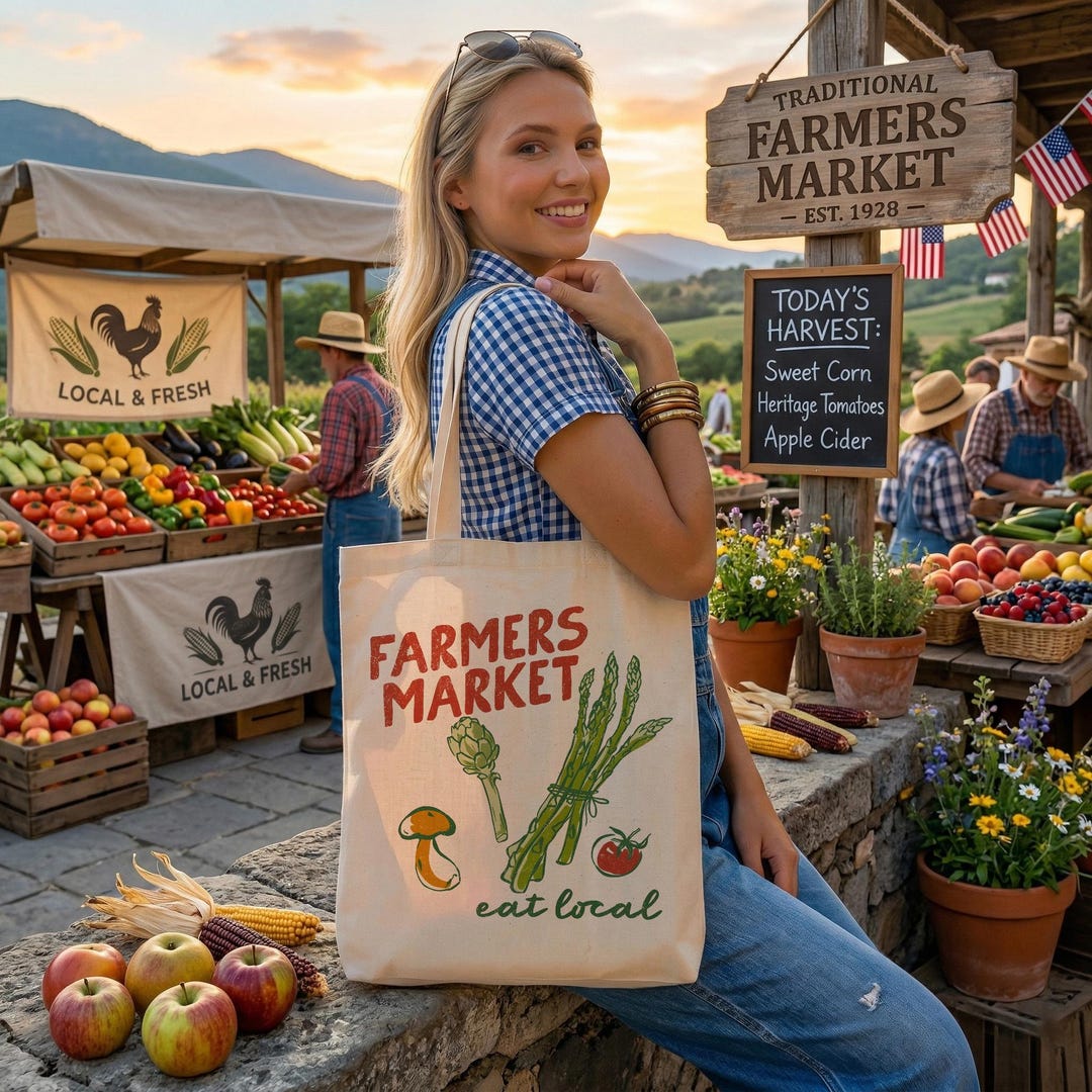 Farmers Market Tote Bag - Reusable Canvas Grocery Bag, Eco Friendly ...