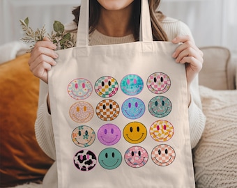 Floral Smiley Face Tote Bag, Retro Flower Smiley Canvas Tote, Cute Tote Bag, Groovy Smiley Bag