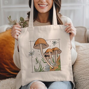 Mushroom Tote Bag: Cottagecore Bag, Bohemian Tote Bag, Floral Tote Bag, Mushroom Lovers Gift