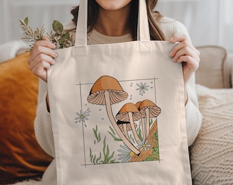 Mushroom Tote Bag: Cottagecore Bag, Bohemian Tote Bag, Floral Tote Bag, Mushroom Lovers Gift