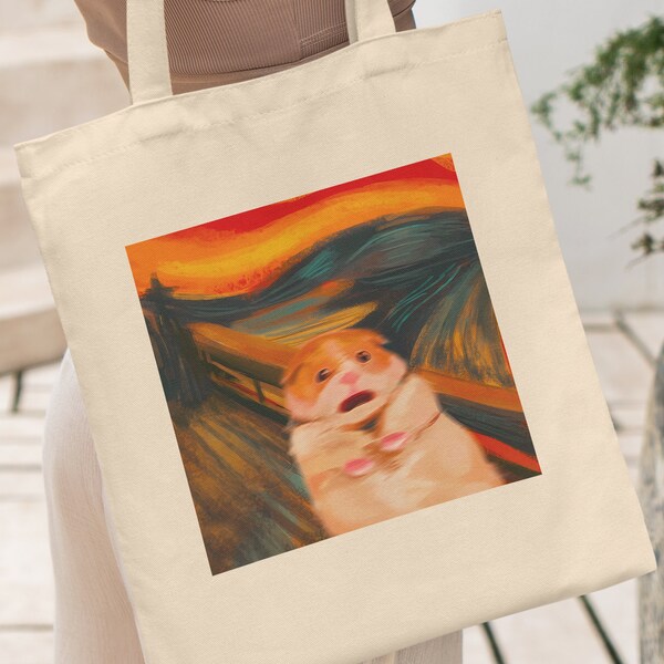 Scared Hamster Funny Meme Tote Bag, Funny Tote Bag, Hamster Tote, Artsy Tote Bag, Hamster Lover Gift Art Tote Bag Trendy Tote Funny Cat Tote