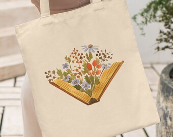 Book Tote Bag, Bookish Tote Bag, Floral Book Tote Bag, Library Tote, Floral Tote Bag, Library Book Bag, Library Bag, Literary Tote Bags