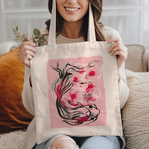 Cherry Blossom Koi Fish Tote Bag: Japanese Art Cotton Canvas