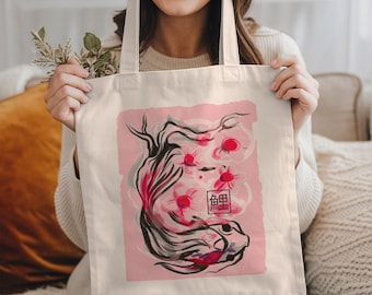 Japanese Tote bag, Koi Fish, Spiritual Gifts, Floral Tote Bag, Birthday Gifts For Her