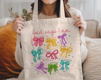 Scripture Bags "God Says I Am" Jesus Tote Bag, Christian Gifts, Bible Verse, Faith Based Gifts