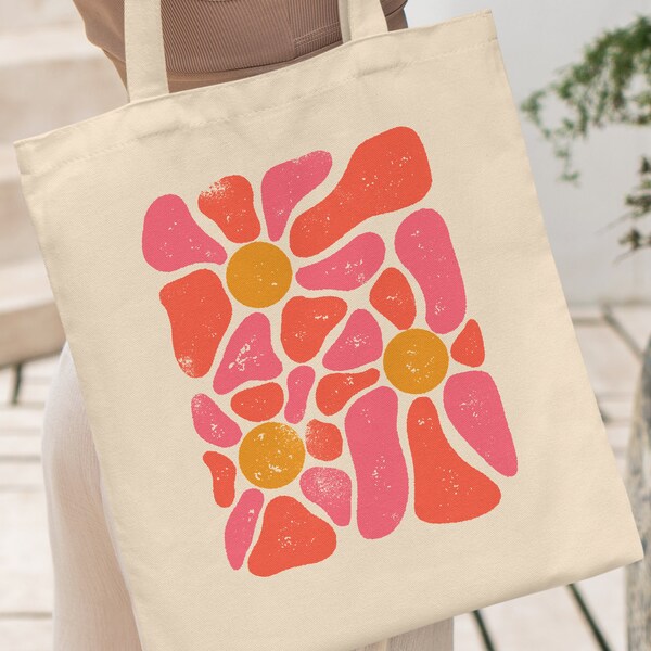 Cute Flowers Bag, Floral Tote Bag, Retro Tote Bag, Flower Tote, Trendy Tote Bag, Groovy Tote, Colorful Flower Bag, 70s Tote, Pink Floral Bag