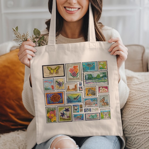 Stamps Tote Bag: Stamp Collector Gift, Vintage Tote Bag, Canvas Tote for Travel