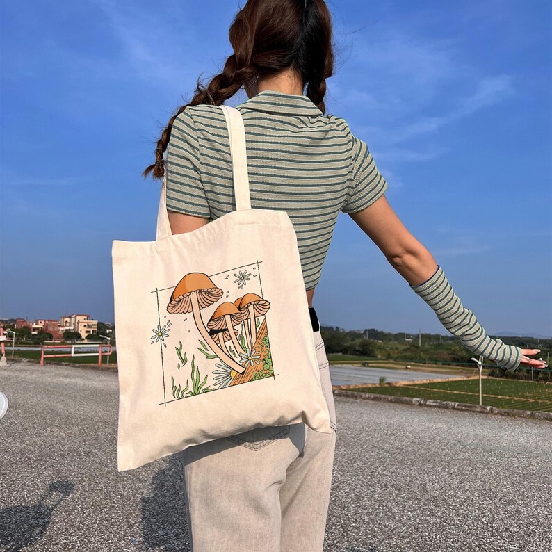 Mushroom Tote Bag: Cottagecore Bag, Bohemian Tote Bag, Floral Tote Bag, Mushroom Lovers Gift
