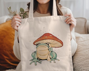 Frog Tote Bag, Mushroom Tote Bag, Cute Tote Bag, Cottagecore Tote Bag, Kawaii Tote Bag, Frog Bag, Frog Lover Gift, Frog Gifts