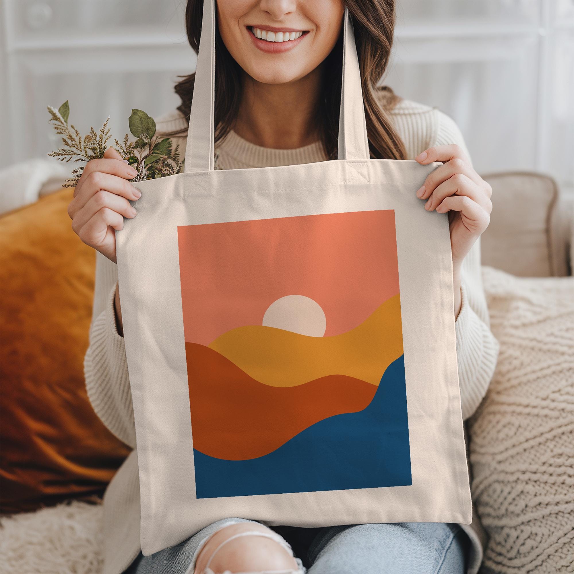 Boho Tote Bag For Women - Abstract Sun & Wave Design Canvas Shopping Bag (White) - View #7