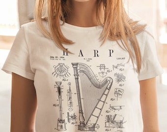 Harp Vintage Patent Harpist Tekening Print T-shirt, Muzikant Shirt, Muziek Kunst, Harp T Shirt, Muzikant Gift, Vintage Muziek T-shirt, Muziek Tee