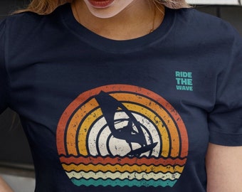 Retro windsurfing t shirt,  vintage windsurf tee, ride the wind, surfing shirt, surf Crewneck T-shirt