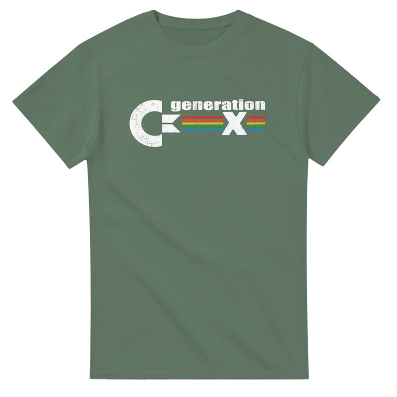 May include: Green t-shirt with the text "generation X" in a distressed white font. The "C" and "X" are stylized, with a rainbow-colored stripe between them. The shirt is made of a soft material.