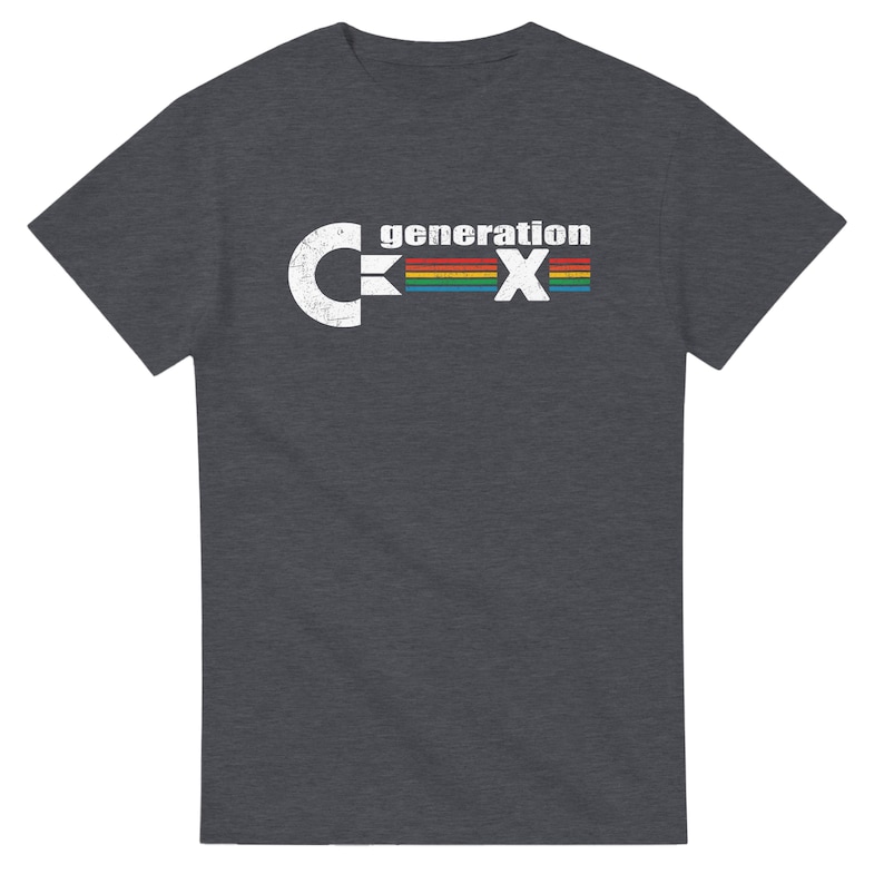 May include: Dark gray t-shirt with the text "generation X" in a distressed white font. The "X" is a rainbow of colors. The shirt is a short-sleeved crew neck.