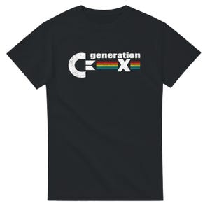 May include: Black t-shirt with the text "generation X" in white and a rainbow-colored stripe. The design features a stylized "C" and "X" with a retro, distressed look.
