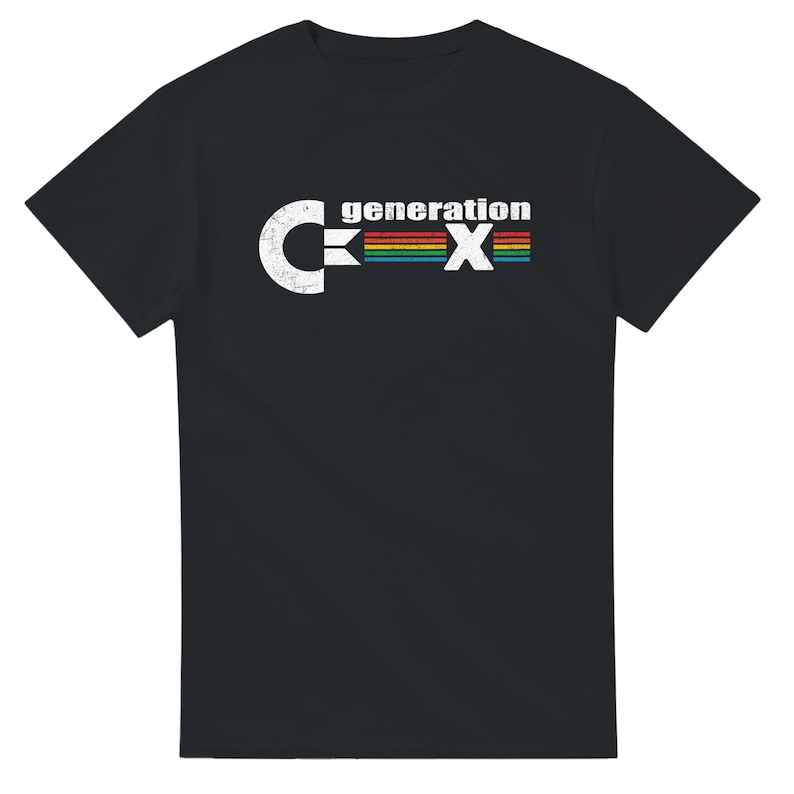 May include: Black t-shirt with the text "generation X" in white and a rainbow-colored stripe. The design features a stylized "C" and "X" with a retro, distressed look.