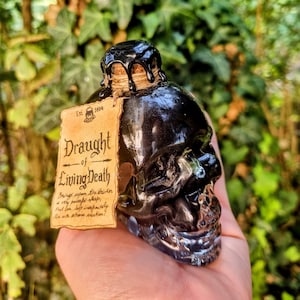 Può includere: Una bottiglia di vetro a forma di teschio nero con un sigillo di cera nera e un'etichetta che recita "Draught of Living Death. Brings upon the drinker a very powerful sleep, that can last indefinitely. Use with extreme caution!"