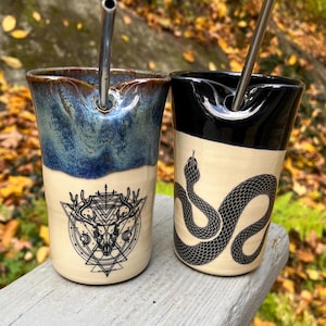 Iced Coffee Cocktail Ceramic Cup with Metal Straw Travel Cup Handmade Snake Deer Skull Moons