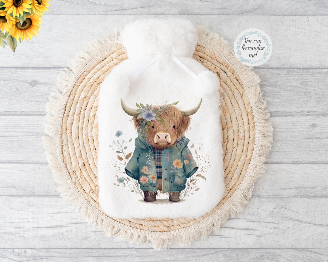 Doris the Highland Cow Hot Water Bottle, Personalised Gift for Highland