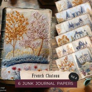 Pagine di diario di viaggio "Chateau Junk" in francese, 6 pagine, album digitale, carta da 11x8,5 pollici, castello, casa, ricamato, cucito fantasioso, vittoriano, vintage CHAT4