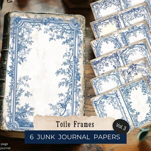 May include: A set of junk journal papers and a vintage book. The papers and book have a blue and white toile design with floral and botanical patterns. The image text says "Toile Frames" and "6 Junk Journal Papers".