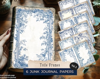 May include: A collection of junk journal papers and a vintage book. The papers and book feature a blue and white toile design with floral and botanical elements. The text on the image reads "Toile Frames" and "6 Junk Journal Papers".