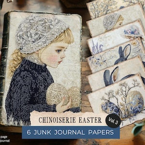Chinoiserie påsk skräpjournalsidor 6 digitala klippbokspapper 11 x 8,5" påskharer broderiägg kycklingar barn blå & vit EMEA3