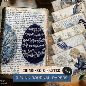 Può includere: Sei carte digitali con un tema pasquale chinoiserie. Le carte includono immagini di un uovo blu e bianco con accenti floreali, un uccello blu, un coniglio e una ragazza che tiene un uovo blu. Il testo "Chinoiserie Easter Vol. 4" è stampato nella parte inferiore dell'immagine.