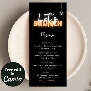 Modelo minimalista de menu digital de brunch de Halloween, modelo para impressão de brunch de Halloween, modelo editável de menu de café da manhã de outubro
